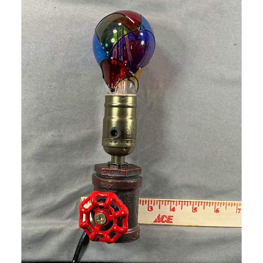 Industrial Steampunk Pipe Desk Lamp Stained Glass Style Bulb Red Valve Handle